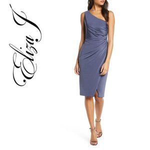 Eliza J Slate Blue One-Shoulder Ruched Midi Dress with Front Slit